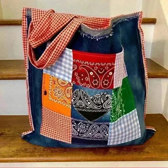 Handmade Boho Bandana Patchwork Denim tote bag - Picture 1 of 14